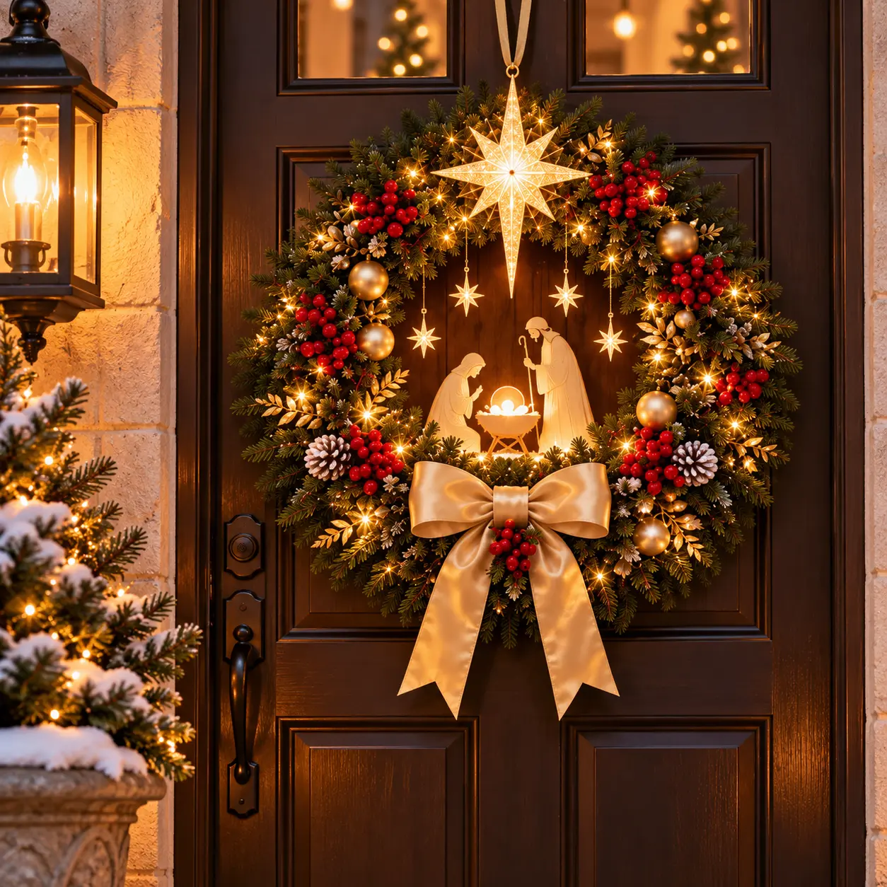 Pre-Lit Nativity Christmas Wreath for Front Door with Star of Bethlehem LED Lights, Sacred Holiday Wreath with Holy Family Gold Satin Bow Ball Ornaments Red Berries Pinecones, Home Decor