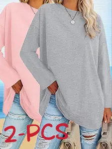 Women's Long Sleeve Round Neck Solid Color Casual Tops, Spring & Fall Fashion, Loose Fit Comfortable Wear, Daily Use Essentials, Knit Fabric Clothes