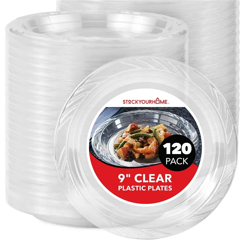 Stock Your Home 120-Count, 9 Inch Clear Plastic Plates, Flexible, Disposable Heavy Duty Party Dinner Plate, for Wedding Reception, Holiday Parties, Mains, Sides, Salad, and Dessert, Large Size