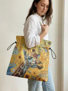 Giraffe Pattern 2D Printed Drawstring Tote Bag, Large Capacity Shopping Bag, Durable and Wear-Resistant, Ideal for Work, Shopping, Picnic