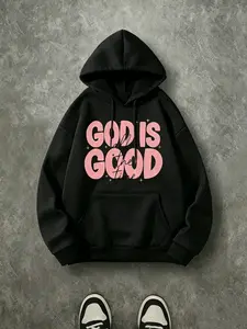 God Is Good All The Time Glitter Bubble Letter Hoodie, 270G Brushed Fleece Soft Pink Sparkly Scripture Front Print Black Hooded Sweatshirt, Feminine Christian Casual Streetwear Pullover For Women & Teen Girls