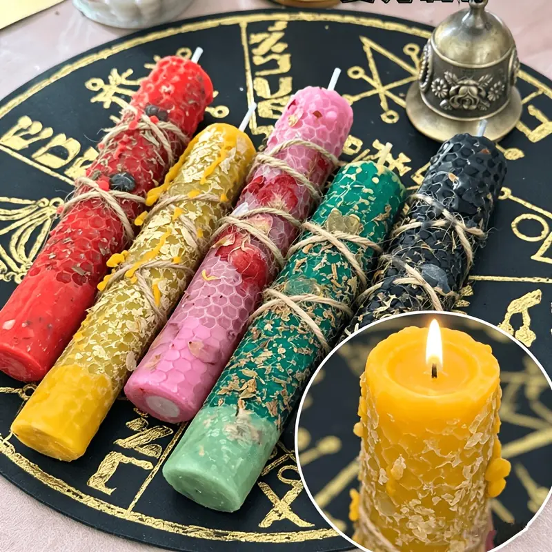 5pcs 20×2.2cm handmade honeycomb beeswax ritual taper candle with dried herbs mixed color unity decorative stick candle ambient souvenir gift for halloween christmas valentine spiritual ceremony