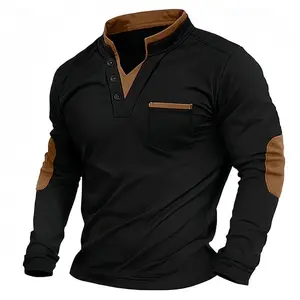 Men’s versatile high-neck gray polo shirt for spring, autumn, featuring elbow detail design; regular short knit layered classic golf shirt—fashionable sports jacket suitable for business casual, parties, vacations, and travel; essential spring Long Sleeve