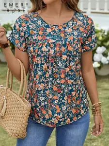 EMERY ROSE Women's Floral Print Round Neck Short Sleeve Casual Blouse