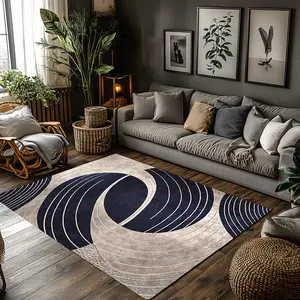 Navy Blue Beige Curved Line Abstract Crystal Velvet Area Rug Non‑Slip Minimalist Modern Living Room Rug#NavyBlueCurvedLineRug #AbstractWaveRug #MinimalistHomeDecor #ContemporaryCarpet #CrystalVelvetRug