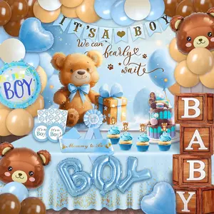 Bear Baby Shower Decorations Boy,  Balloons, Wood Grain Blocks with Letter,"We can bearly wait" Backdrop,Banner,Tablecloth,Balloon Pump, Blue Brown Bear Theme