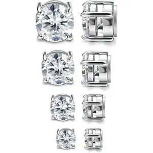 4 Pairs Stainless Steel Mens Womens Magnetic Stud Earrings Non-piercing CZ 4-7MM