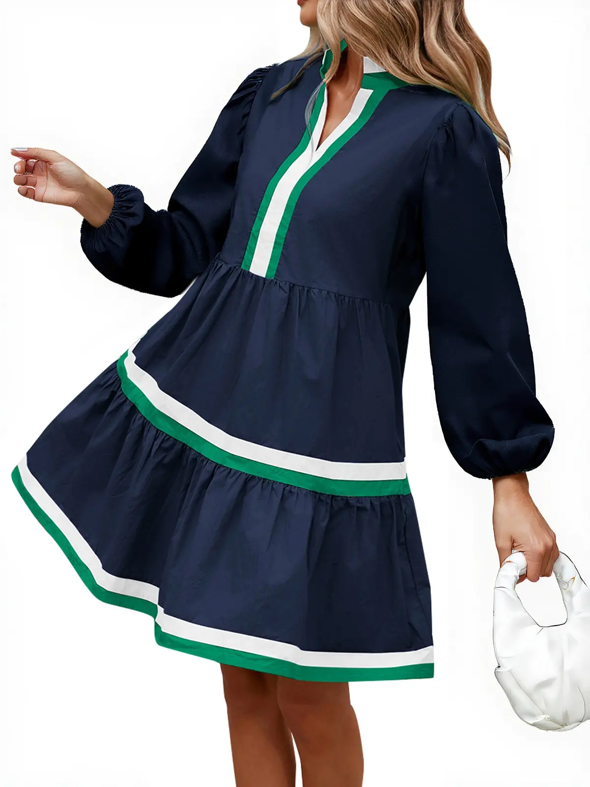 Women's Navy Blue Color Block Long-Sleeve V-Neck Contrast Trim Ruffle Flowy Babydoll Dress - A-Line Pleated Tunic Swing Casual Wear, Chic Blue Ruffle & Color Block Casual Dresses for Holiday Vacation, Longsleeves, Blue Ruffle Casual Dresses