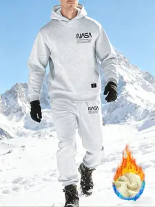 Men's Trendy Sportswear Casual Set, Winter Fleece Lined Sweatshirt & Pants Two-Piece, Simple Design Nasa Print, Easy Care