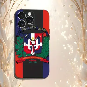 Phone case, decorated with the flag and coat of arms of the Dominican Republic, designed for panoramic mirror protection, fingerprint protection, compatible with iPhone 16/15/14/13/12/11/X/XR/XS/8/7/SE Mini/Plus/Pro/