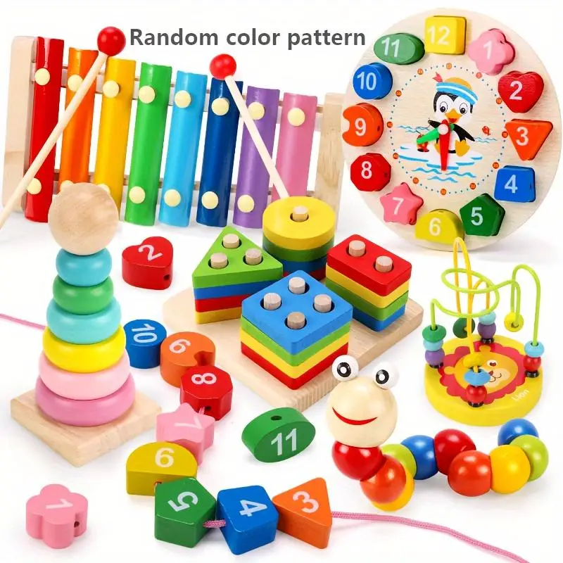 Wooden Montessori Toy, 1 Set Colorful Tower & Octave Bell & Colorful Twister & Rotating Tree & Beaded Clock, Birthday Gift, Learning Materials
