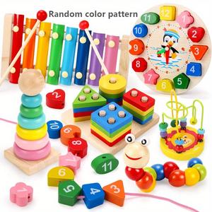 wooden montessori play set, 1 set colorful tower & octave bell & colorful twister & rotating tree & beaded clock, math learning blocks, number counting blocks, nursery, anxiety relief products, sensory board, blocks tower game