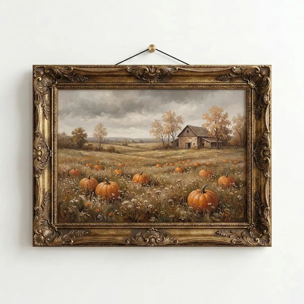 Vintage Pumpkin Patch Wall Art, Rustic Autumn Farmhouse Landscape Print, Thanksgiving Harvest Home Decor | Framless Poster C