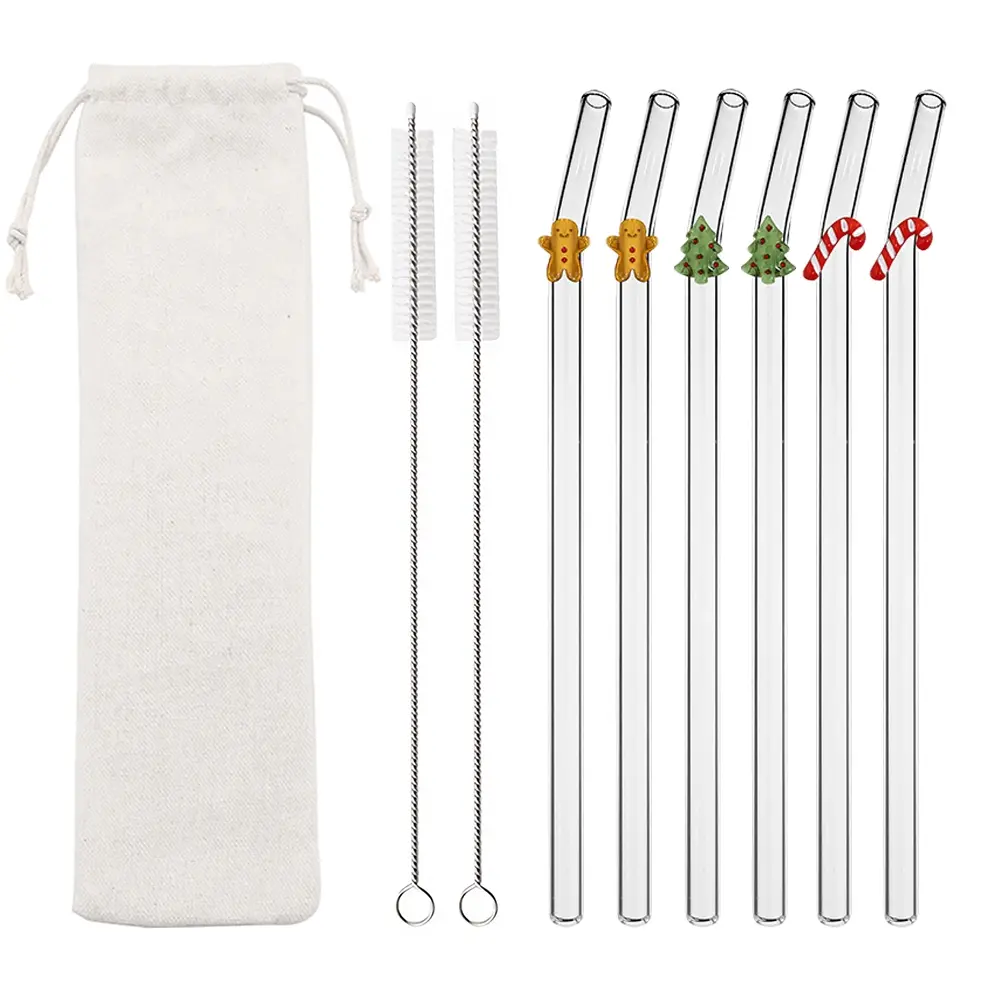 Reusable Christmas Glass Straws Set, Colorful Festive Design, Includes Cleaning Brushes & Storage Bag, Perfect Holiday Gift Idea