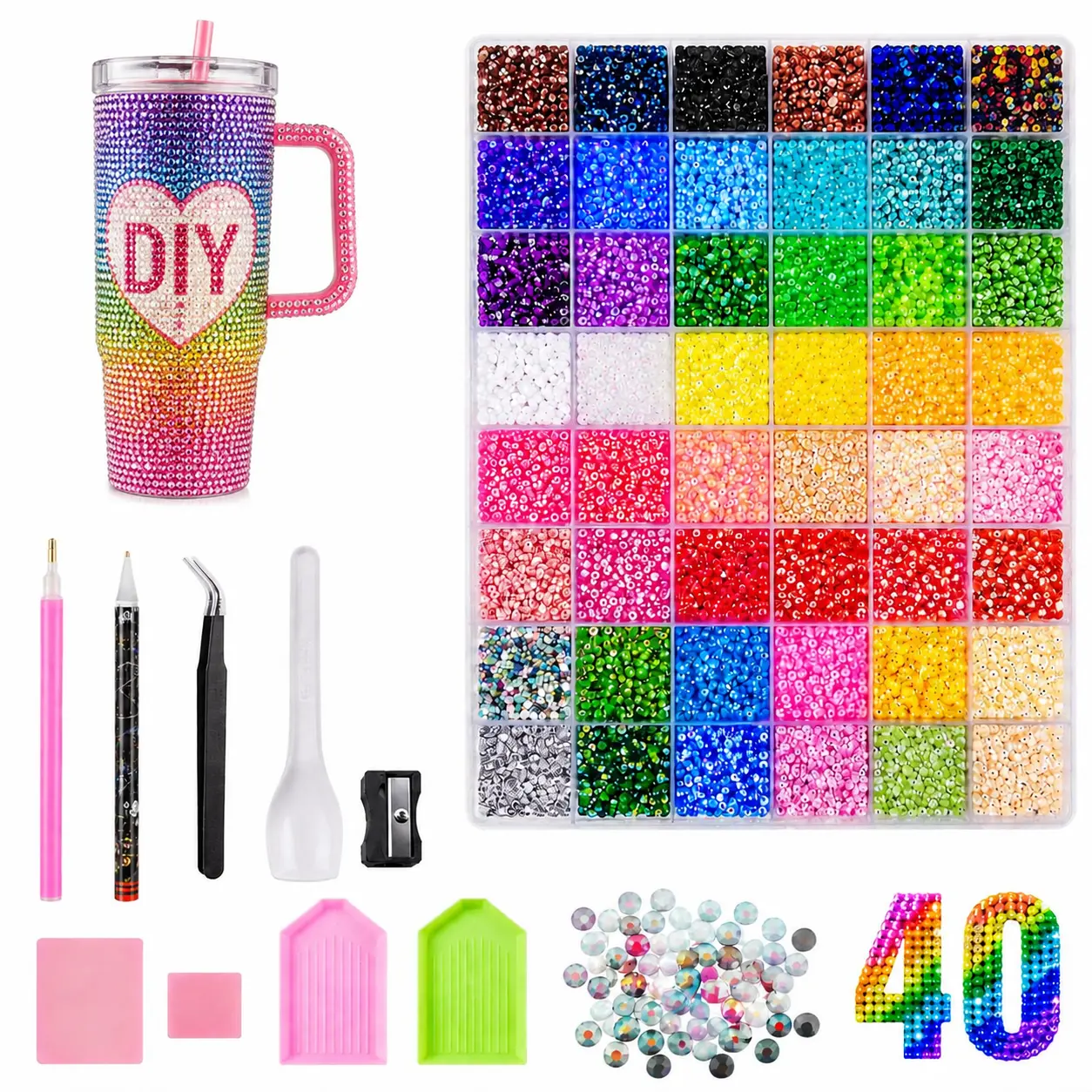 32000Pcs 40Colors 3mm Jelly Flatback Decor Beads DIY Bedazzling Kit with Tweezers & Tools, Decorative Ornaments for Crafts, Tumblers, Phone Cases & Nail Art, Creative Gift for Her, Graduation Gifts, Summer Presents