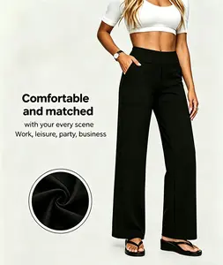 Loose High-Waist Wide Leg Pants for Women – Business Casual Yoga Pants with 2 Front Pockets & Decorative Back Pockets, Stretchy 81% Polyester & 19% Spandex, Faux Fly, Comfortable for Yoga, Work & Daily Wear