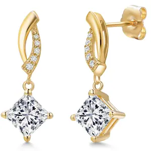 Gem Stone King 2.00 Cttw IGI Certified Lab Grown Diamond Dangle Earrings For Women in 14K Yellow Gold | 1 Ct each Princess Cut | VS1 Clarity | D-E Color