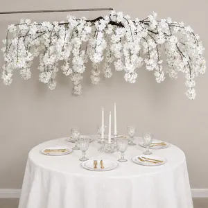 Cherry Blossom Hanging Floral Chandelier 60" White – Artificial Silk Flower Ceiling Canopy with Interchangeable Branches