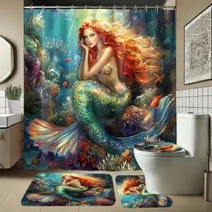 Mermaid Pattern Bathroom Set, Includes Soft Shower Curtain, Bath Mat, Toilet Seat Cover, Elegant Decor, 1/4 Piece Set, Bathroom Decoration Accessories
