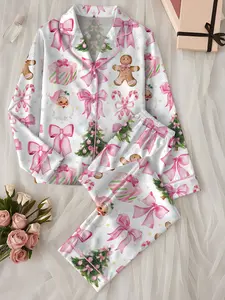 Coquette Christmas Candy Pajama Set, Cane Pink Bows Santa Christmas Tree Short Sleeve Satin Pajama Set, Pajama Nightwear Set for Her Women
