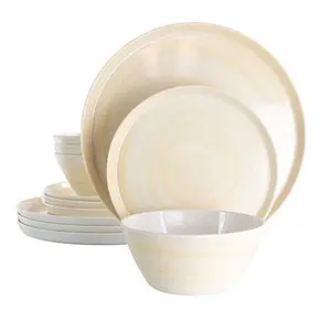 Elama Crafted Clay 12-Piece Lightweight Melamine Dinnerware Set-Cream