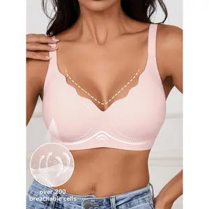Jelly Wireless Push-Up Bra, Micro V Wave Edge Design, Seamless Breathable Comfort, Medium Support, All Seasons, Fitted Casual Style esli quince dress burgundy monochrome pure white quinceanera shopping sunday cheetah print