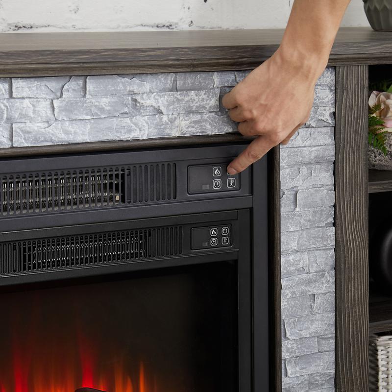 Large Fireplace TV Stand Storage Rack with Faux Stacked Stone Surround, Modern Media Console Table with Large Storage Cabinet and 23" Fireplace Insert, 70.12"W*15.35"D*25.83"H