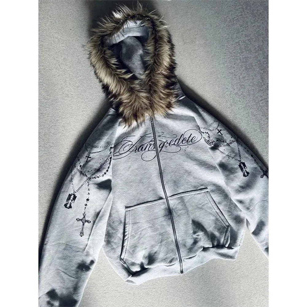 Women's Gothic Punk Faux Fur Hooded Jacket - 2026 New Loose-Fitting Casual Streetwear, Cross Print, Edgy Zip-Up Long Sleeve Outerwear, Jackets