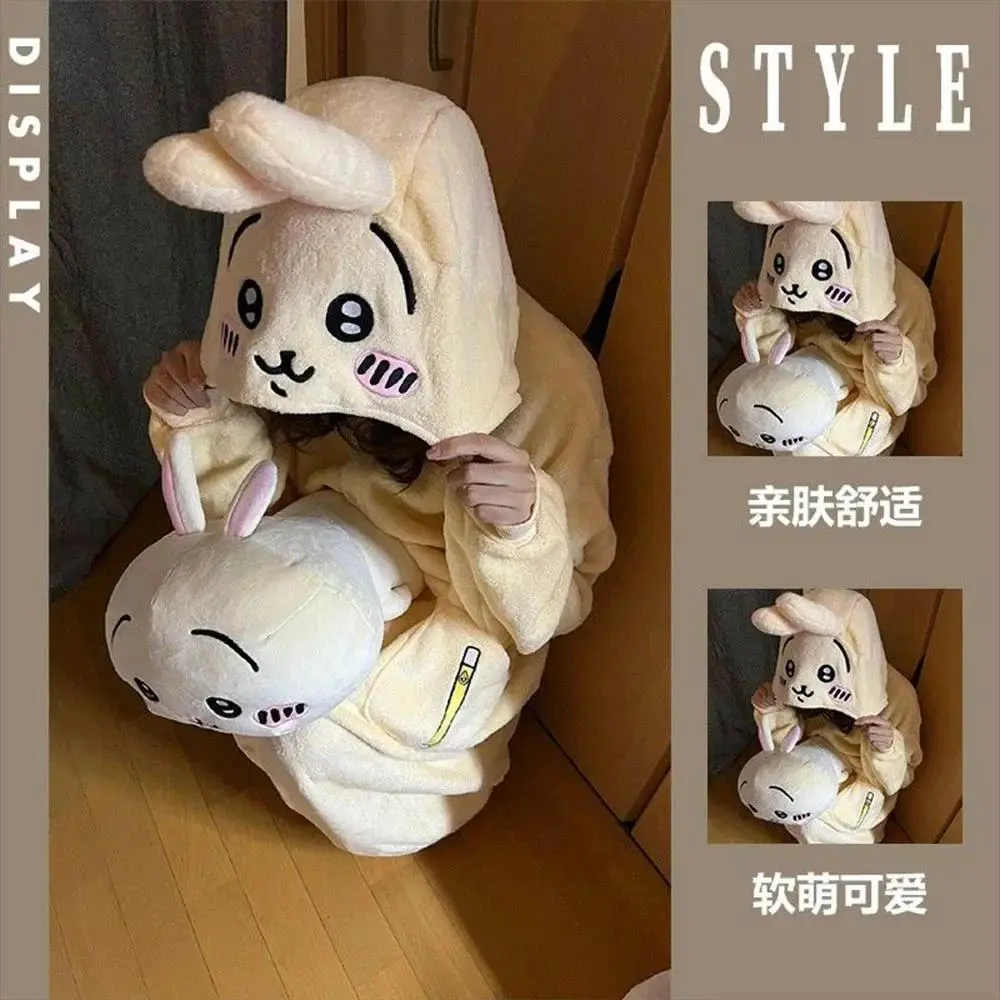 Anime Cute Usagi One-Piece Pajamas Kawaii Chiikawa Hachiware Flannel Jumpsuit Homewear Winter Girls Student Cartoon Nightwear