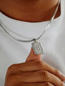 Silver Color Square Initial Letter Necklace, Punk Hip-Hop Style, Stainless Steel Cuban Chain, Unisex Gift Idea, 26 English Letters
