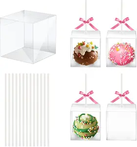 50 Set Cake Pop Boxes with Paper Sticks Kit: Clear Gift Container with Holes for Candy, Macaron, Lollipop Packaging, Mini Plastic Cakepop Wrapping for Wedding Party Birthday Christmas
