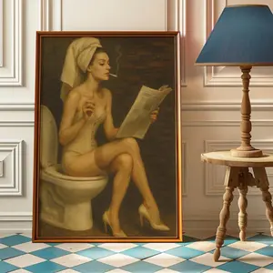 Woman With Cigarette And Newspaper Bathroom Wall Art - Vintage Cigarette Poster - Retro Bathroom Decor - Girl Sitting On Toilet Art Print