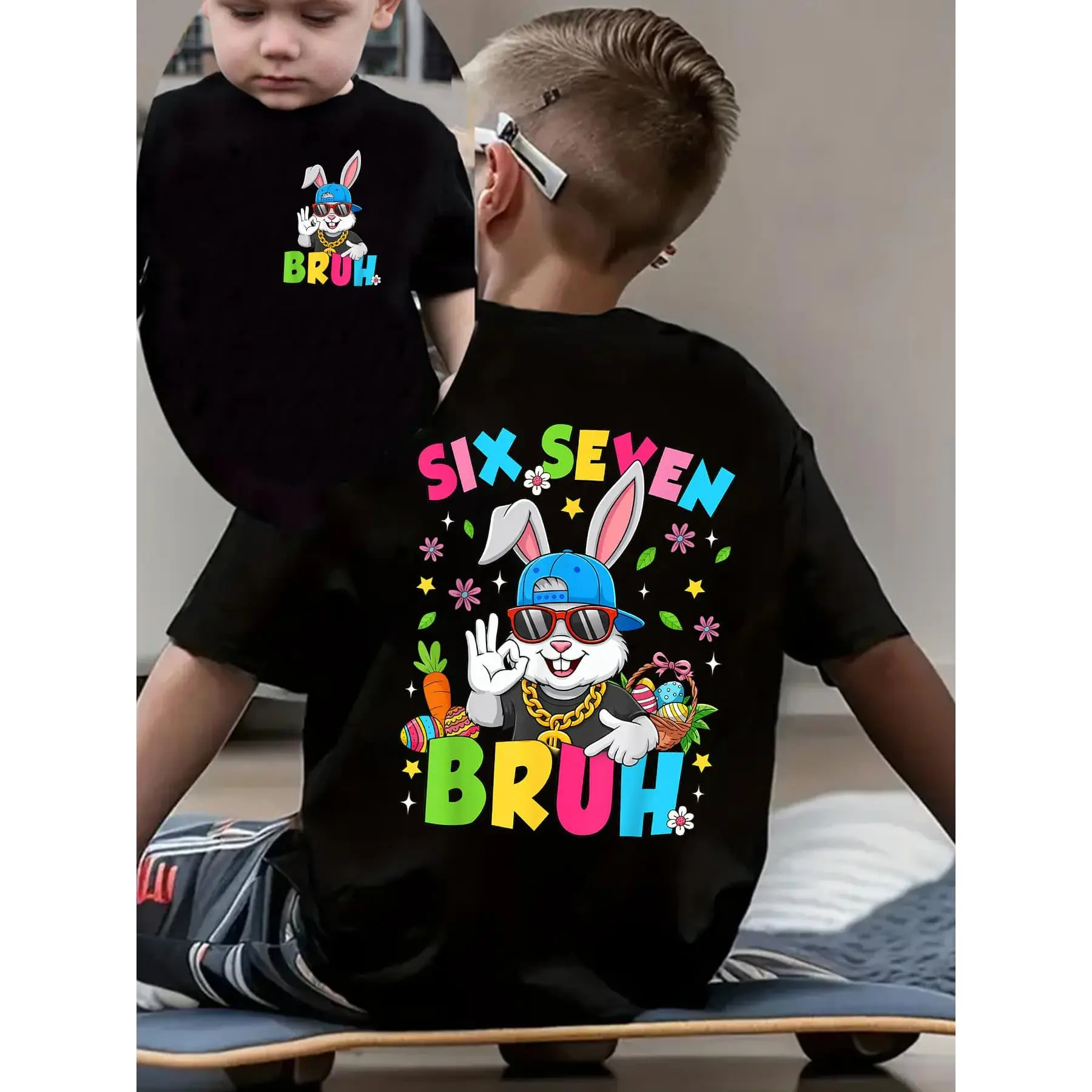 Boys' Cotton Slight Stretch Easter Short-Sleeve T-Shirt, Double-Sided Design with 6 7 Bruh Hand Gesture & Easter Bunny Cartoon Print, Outdoor Casual Kids' Fashion Top NY-DX8782