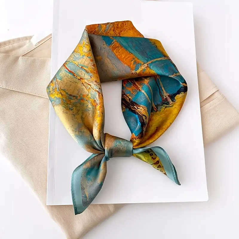 Women's Elegant Vintage Landscape Oil Painting Print Square Double-Sided Satin Neckerchief - 70x70cm 100% Synthetic Polyester, All-Seasons Casual Wear Daily Scarf for Women, Women's Clothes