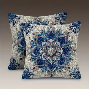 Bohemian Mandala Flower Pillow Covers, 2-Pack, Invisible Zipper, Easy Clean, for Bedroom, Living Room, Sofa, Car, Home Decor