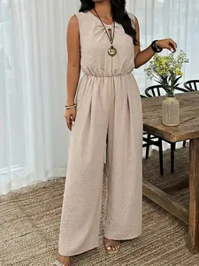 Plus Size Women's Solid Color Knot Neck Jumpsuit, Pleated Sleeveless Design, Summer Back Tie Bow, Casual Fashion Wide Leg, Versatile Summer Womenswear