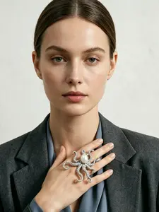A silver octopus shaped ring featuring marine creatures, with a large central pearl paired with colored diamonds on the tentacles, suitable for wearing in dark or retro fashion, artistic events, and other settings.