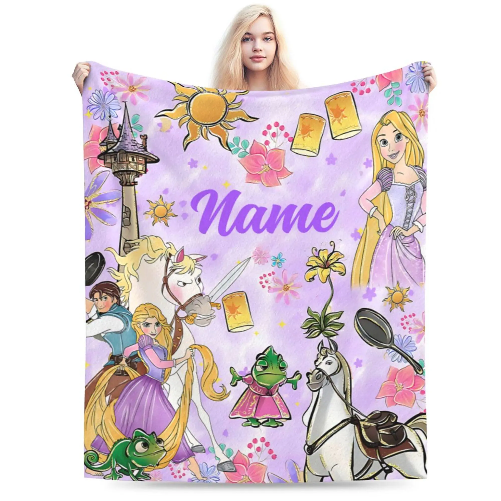 [SummerVibes] DISNEY CLASSIC Custom Rapunzel Throw Blanket – Personalized Name Design with Tangled Characters, Pascal, Maximus, and Tower Scene, Soft Fleece Blanket for Kids, Bedroom or Gift