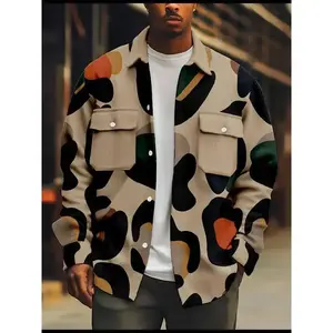 Men'S Plus Size Camo Print Bomber Jacket - Beige, Black, Green & Orange, Casual & Outdoor Style, Double Chest Pockets, Polyester Lining, Regular Fit, Button-Up Closure, Casual Outerwear |   Casual Style |   Polyester Jacket