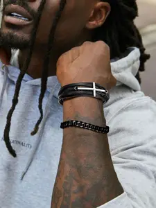 FaithHeart Men Braided Leather Bracelet, 316L Stainless Steel Cross Bracelet-Send Gift Box