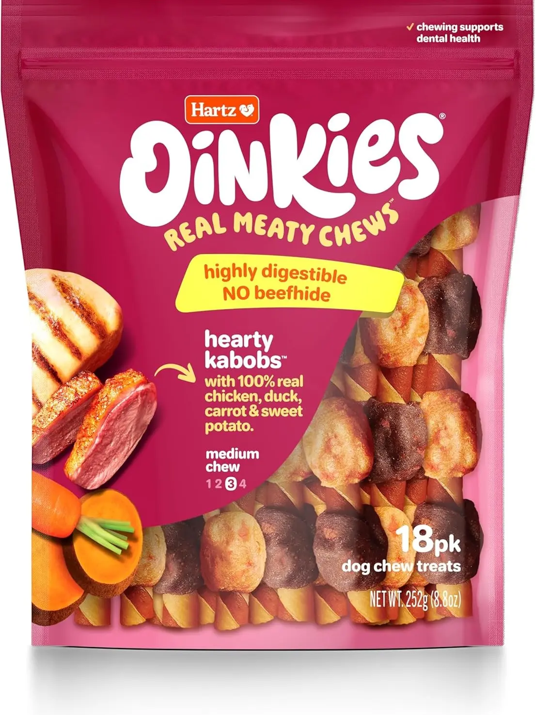 Hartz Oinkies Hearty Kabob with Real Chicken, Duck, Sweet Potato Rawhide-Free Dog Treats, Highly Digestible Long Lasting Dog Chews, 18 Count