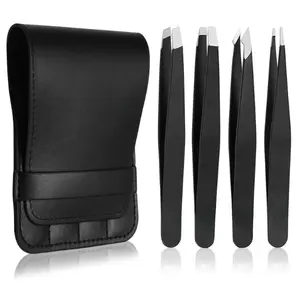 Tweezers Set - Professional Stainless Steel Tweezers for Eyebrows - Great Precision for Facial Hair, Splinter and Ingrown Hair Removal (Black)