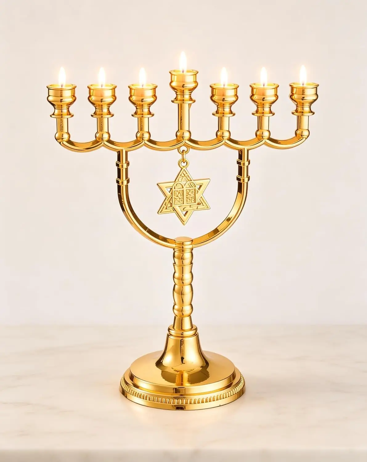 Gold 7 Branch Hanukkah Menorah Candle Holder Traditional Star Brass 7 Arm Jewish Candlestick for Chanukah Shabbat 6.8 inches