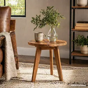 Mod-Inspired Compact Round Top Arch Marina Side Table, Handcrafted 3-Legged Acacia Wood Indoor Furniture, Three Legs