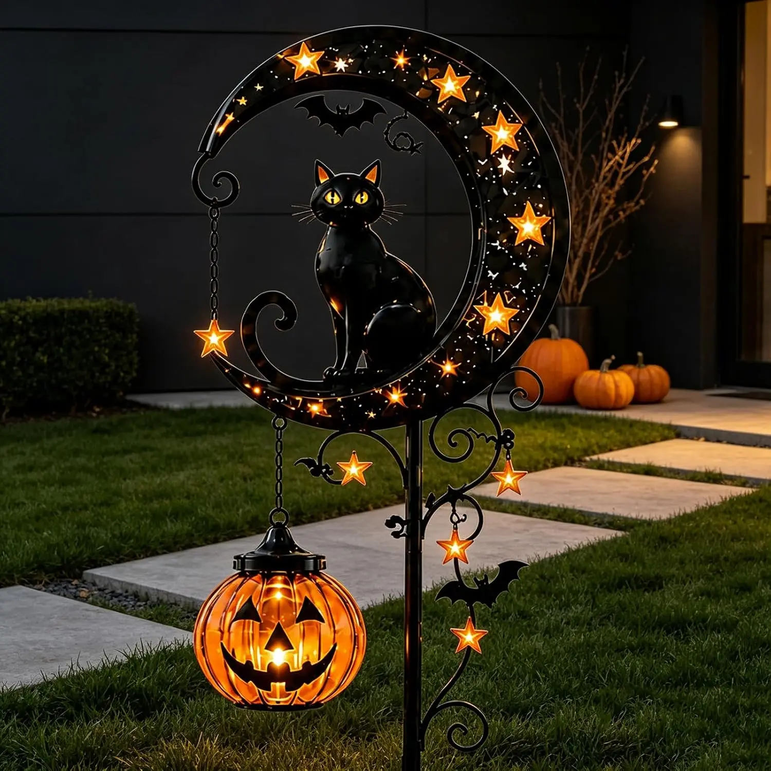 Halloween pumpkin and black cat solar ground stake lights for garden, 34-inch warm LED pumpkin and moon lanterns, durable outdoor holiday decorations, suitable for yards, lawns, and porches