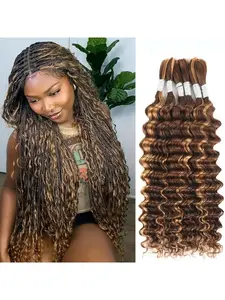 [6 Bundles 427 color] (12A Brazilian Virgin Human Hair, High Quality) -  Deep Wave Curly Hair Extensions, Deep Wave Texture, 150g Bulk Pack, Knotless Braiding Hair for Boho Braids, Bohemian Style, No Weft