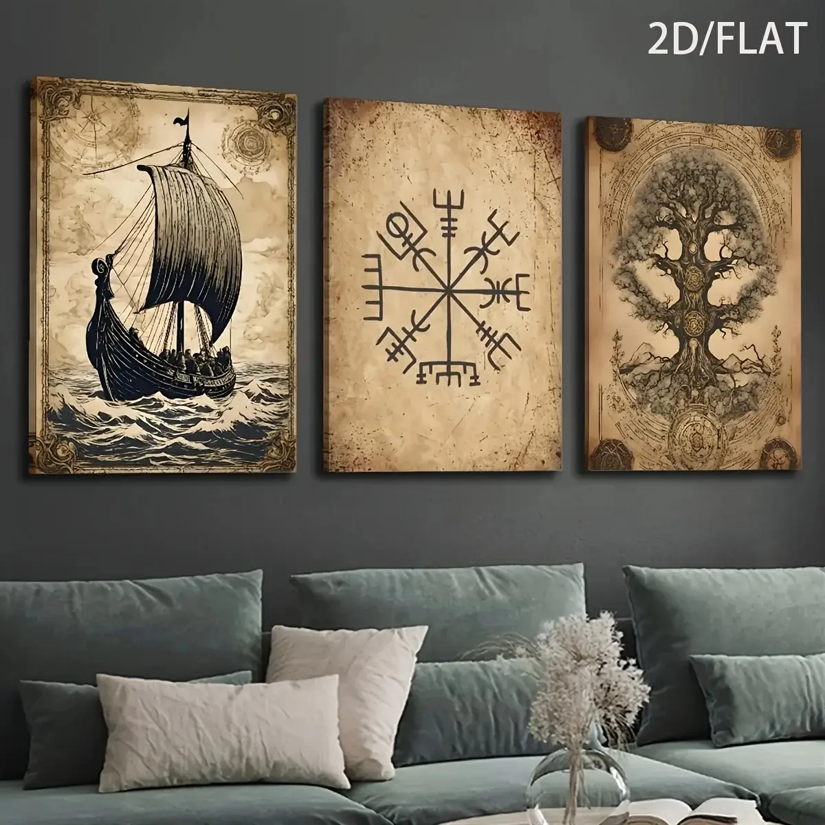 2D/FLAT 3pcs Vintage Decorative Printed Canvas Art, Vintage Tree of Life, Nordic Pagan Symbols, Viking Ship Poster, Modern Home Decor, Home Decor Supplies