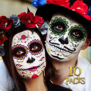 【10 Pack]】Day of the Dead Face Tattoo, Temporary Face Sticker Kit, Halloween Decoration, Skeleton Costume Makeup Decoration, Sparkling Red Rose Skeleton, Temporary Full Face Mask,masks dog black,Fall Temporary Tattoo for Face Body,Gift for Men Women
