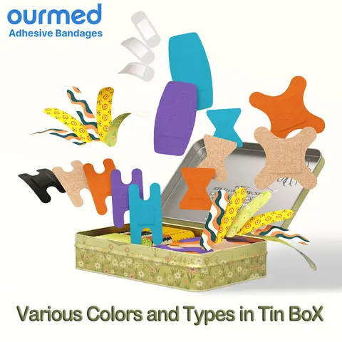 Ourmed Patterned Flexible Fabric Band Aids, 150 Ct Family Pack Tin Box, Water-Resistant, Assorted Sizes Knuckle & Fingertip, First Aid for Minor Cuts on Knees & Elbows for Adults & Kids