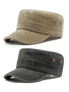 2 Pcs Cadet Army Caps Adjustable Slim Fit Military Flat Top Cap Washed Casual Military Cadet Hat Unisex Veteran Baseball Cap